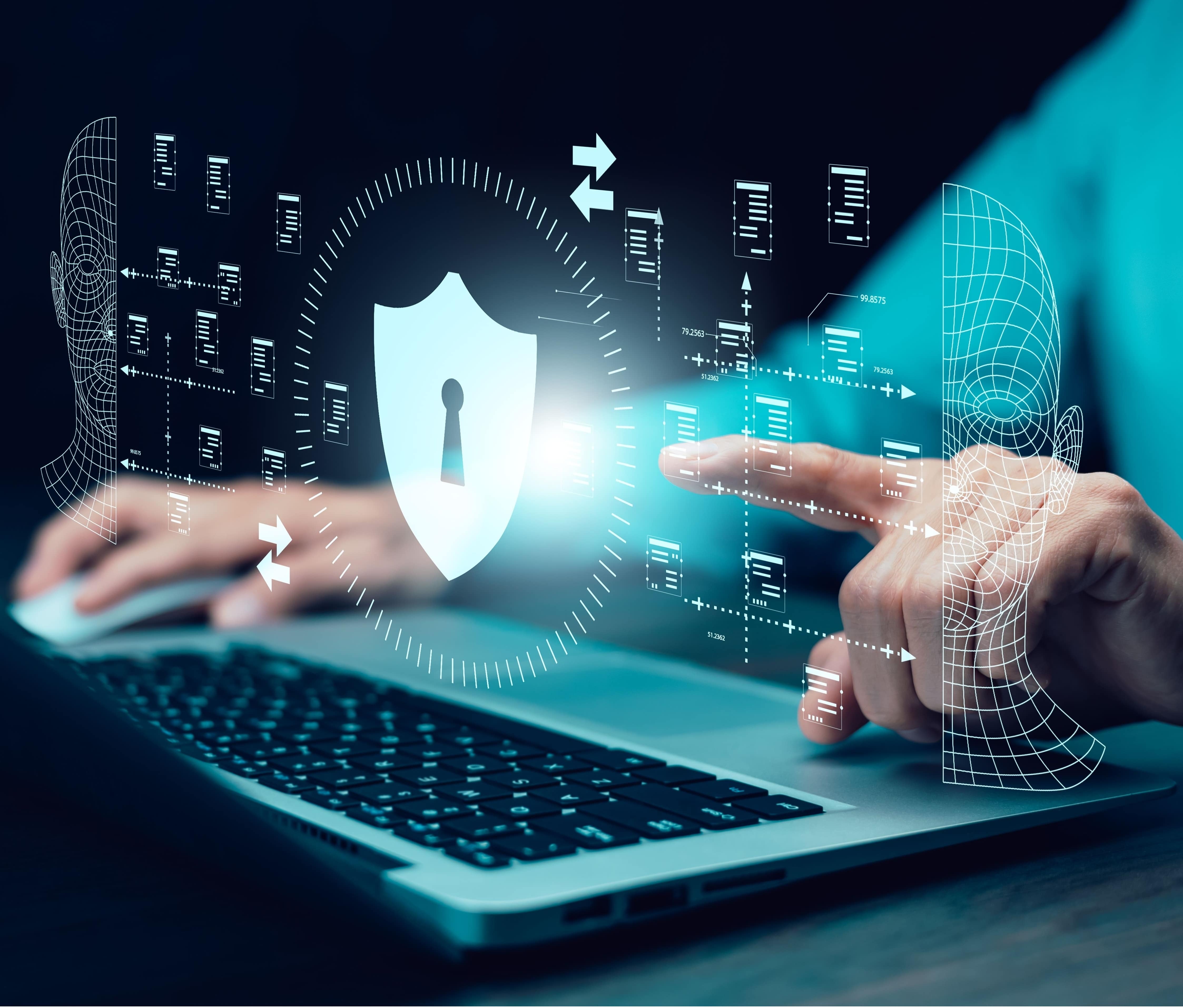 Laptop user with digital shield icon and biometrics, symbolizing social engineering prevention in cybersecurity.